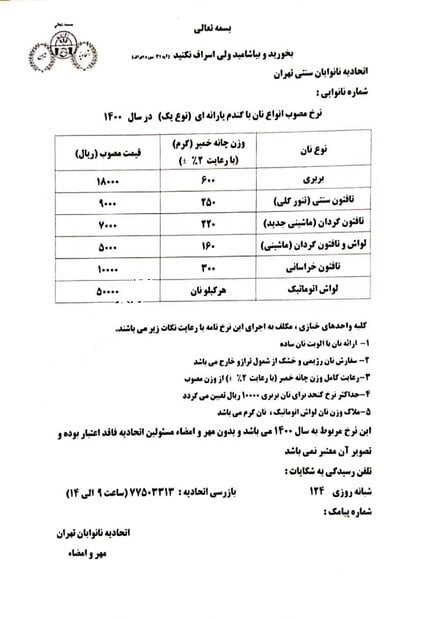 قیمت جدید انواع نان در شهر تهران اعلام شد