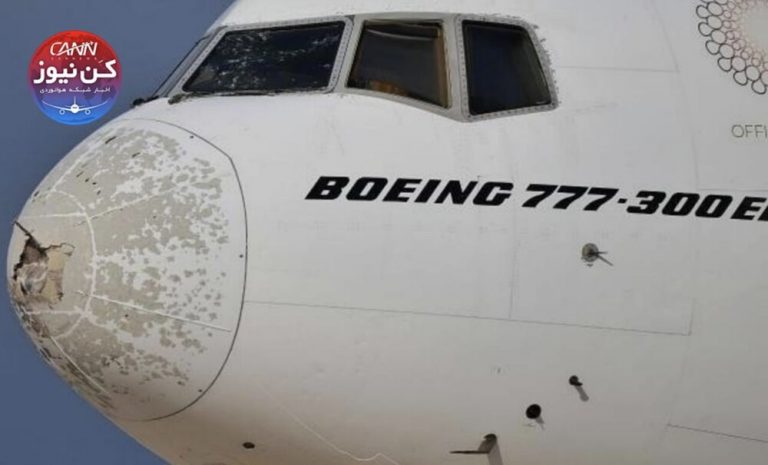 تصاویر | بلایی که طوفان تگرگ بر سر بویینگ ۷۷۷ هواپیمایی امارات آورد