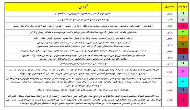 جدول جدید خاموشیهای احتمالی پایتخت منتشر شد