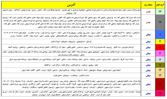 جداول جدید خاموشی‌های احتمالی تهران منتشر شد