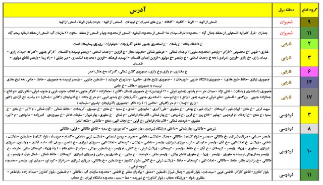 جداول خاموشیهای احتمالی پایتخت را ببینید