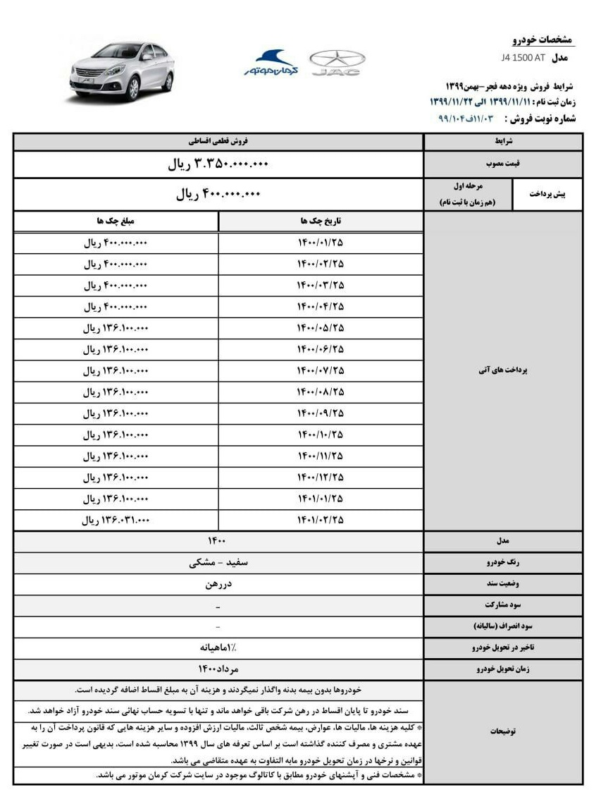 شرایط فروش J4 بهمن ۹۹