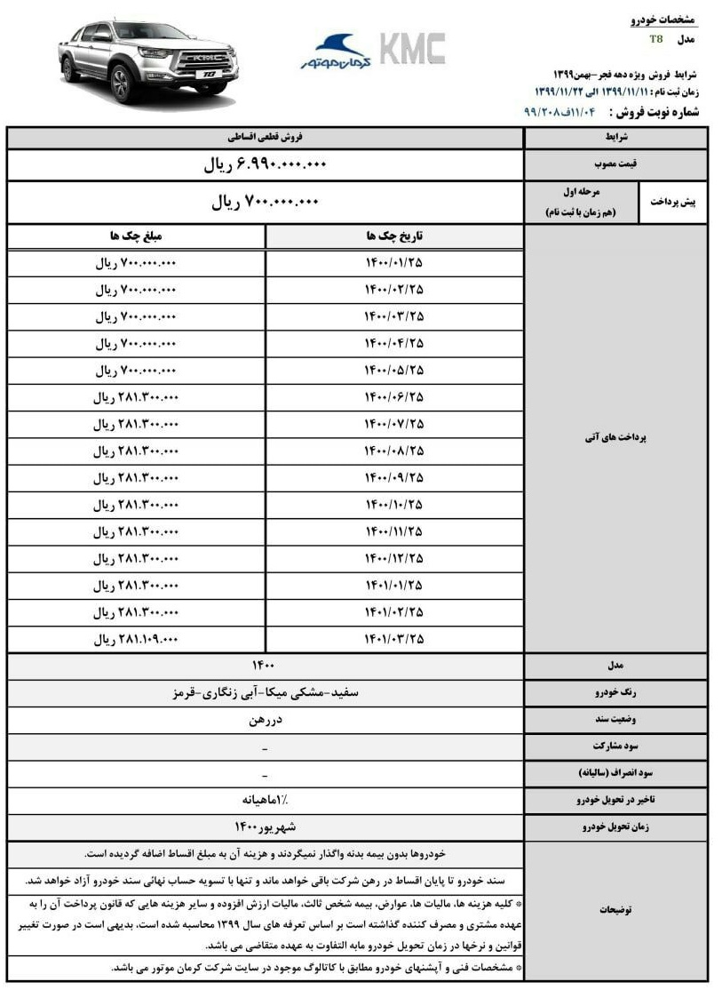 شرایط فروش KMC T8 بهمن ۹۹