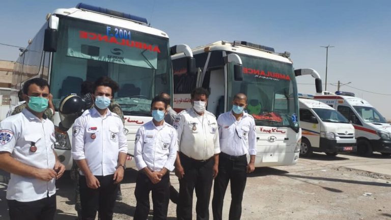 استقرار یک بالگرد ۳۰ دستگاه آمبولانس و ۴ دستگاه اتوبوس آمبولانس در مرز شلمچه