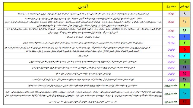 برق این مناطق احتمالا قطع میشود