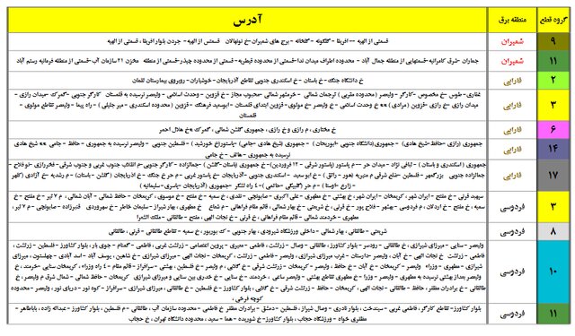 برق این مناطق احتمالا قطع میشود