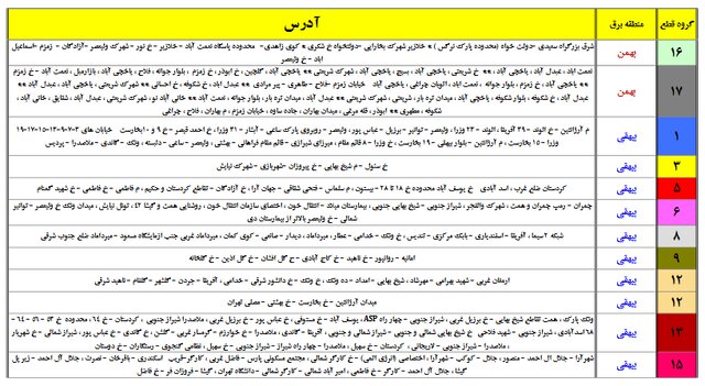 برق این مناطق احتمالا قطع میشود