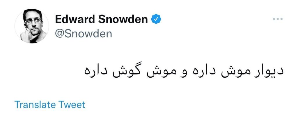 توئیت فارسی اسنودن: دیوار موش داره، موش هم گوش داره!/عکس
