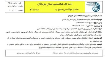 هشدار زرد هواشناسی هرمزگان نسبت به اختلال دریایی و احتمال سیلابهای محلی